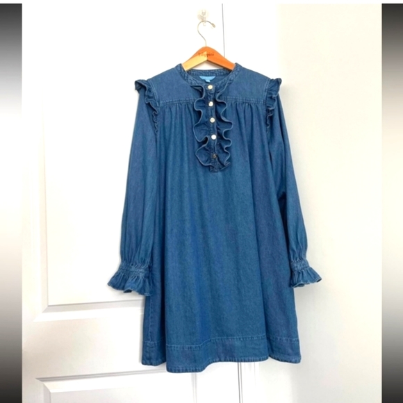 COPY - Draper James RSVP Denim Long Sleeve Ruffled Button Up Mini Dress. Size L - Picture 4 of 10